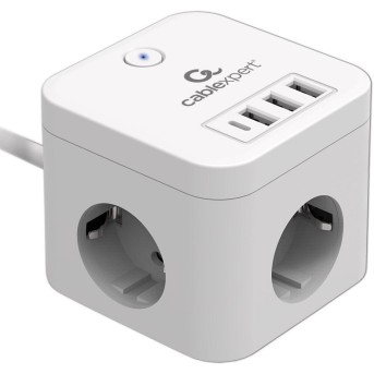 Сетевой фильтр Cablexpert Cube CUBE-3-CU3-W-1.5, 3р, 10А, 1xType-C PD, 3xUSB, 1.5м, ур.защ.4+ белый в Metoo.kz - Metoo (1)