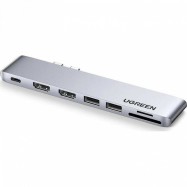 Конвертер Ugreen CM356 Dual USB-C To 2*USB 3.0 A+USB-C Female+ 2*HDMI+TF/SD Converter Gray, 80548