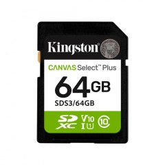 Карта памяти SD, Kingston Canvas Select Plus 64Gb, SDS3/64GB, UHS-I, U1, V10, 100 МБ/с..