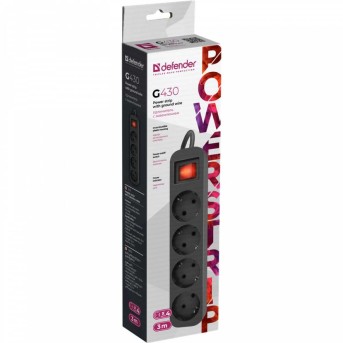 Удлинитель с заземлением Defender G430 Выключатель, 3.0 м, 4 розетки, черный в Metoo.kz - Metoo (4)