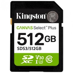 Карта памяти SD, Kingston Canvas Select Plus 512Gb, SDS3/512GB, UHS-I, U3, V30, 150Мб/с..
