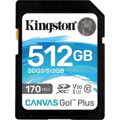 Карта памяти SD, Kingston Canvas Go! Plus, 512GB, SDG3/<wbr>512GB, Class 10, UHS-I, R170/<wbr>W90