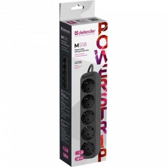 Удлинитель с заземлением Defender M518 1.8 м, 5 розеток, черный в Metoo.kz - Metoo (4)