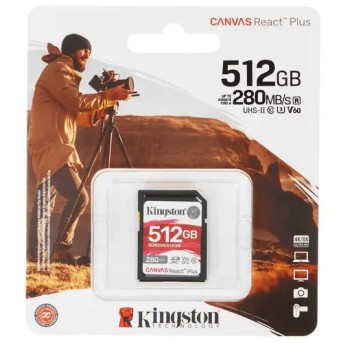 Карта памяти SD, Kingston Canvas React Plus, 512GB, SDR2V6/<wbr>512GB, UHS-II, R280/<wbr>W150, V60 - Metoo (1)