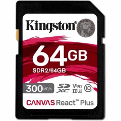 Карта памяти SD, Kingston Canvas React Plus, 64GB, SDR2/64GB, UHS-II, R300/W260..
