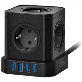 Сетевой фильтр Cablexpert Tower, TWR-5-U4-B-3, 5р, 10А, 4хUSB, 3.1А, 3м, ур.защ. 4+, коробка черный в Metoo.kz - Metoo (1)
