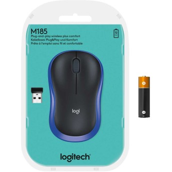 Мышь беспроводная Logitech M185 Blue (синяя, оптическая, 1000dpi, 2.4 GHz/<wbr>USB-ресивер) (M/<wbr>N: MR0087 / CU0019) - Metoo (10)