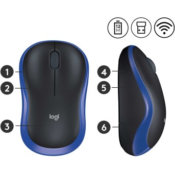 Мышь беспроводная Logitech M185 Blue (синяя, оптическая, 1000dpi, 2.4 GHz/<wbr>USB-ресивер) (M/<wbr>N: MR0087 / CU0019) - Metoo (5)