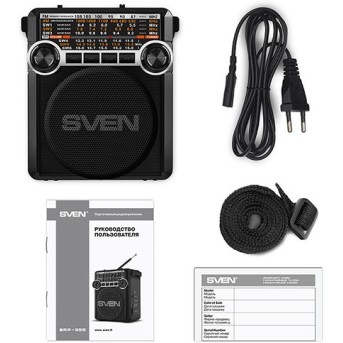 SVEN SRP-355, черный, радиоприемник (мощность 3 Вт (RMS), FM/<wbr>AM/<wbr>SW, USB, SD/<wbr>microSD, фонарь