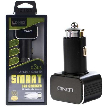 Автомобильное зарядное устройство LDNIO C306 2*USB-A 18W 5V-3.6A Auto Lightning Чёрный - Metoo (3)