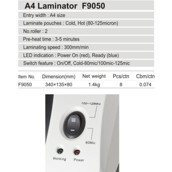 Ламинатор COMIX F9050 А4, 2 вала, 80-125 мкм, 30 см/<wbr>мин. - Metoo (2)