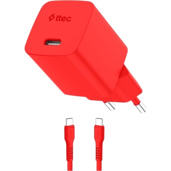 ttec SmartCharger GAN 20W PD Travel Fast Charger + USB-C - USB-C 3A Cable 120cm, Neon Red в Metoo.kz - Metoo (1)