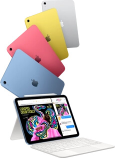 iPad in blue, pink, yellow, and silver colors and iPad attached to the Magic Keyboard Folio with Apple Pencil