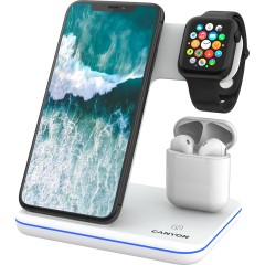 CANYON WS-302 3in1 Wireless charger, with touch button for Running water light, Input 9V/<wbr>2A, 12V/<wbr>2A, Output 15W/<wbr>10W/<wbr>7.5W/<wbr>5W, Type c to USB-A cable length 1.2m, 137*103*140mm, 0.22Kg, White