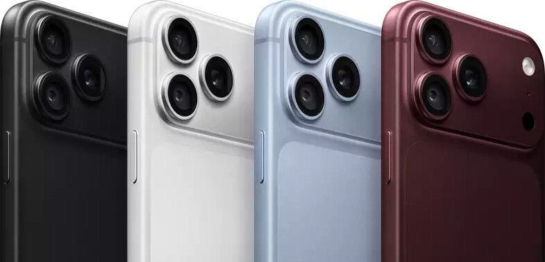 iPhone 18 Pro devices in a row, back exterior, all four colors: Black, Glacier, Silver, Burgundy, Pro Fusion camera system in top left corner, 3 lenses, microphone, flash