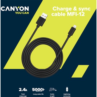 CANYON MFI-12, Lightning USB Cable for Apple (C48), round, PVC, 2M, OD:4.0mm, Power+signal wire: 21AWG*2C+28AWG*2C, Data transfer speed:26MB/<wbr>s, Black. With shield , with CANYON logo and CANYON package. Certification: ROHS, MFI. - Metoo (3)