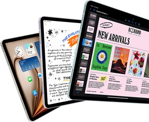Three iPad Air displays showing iPadOS and apps features