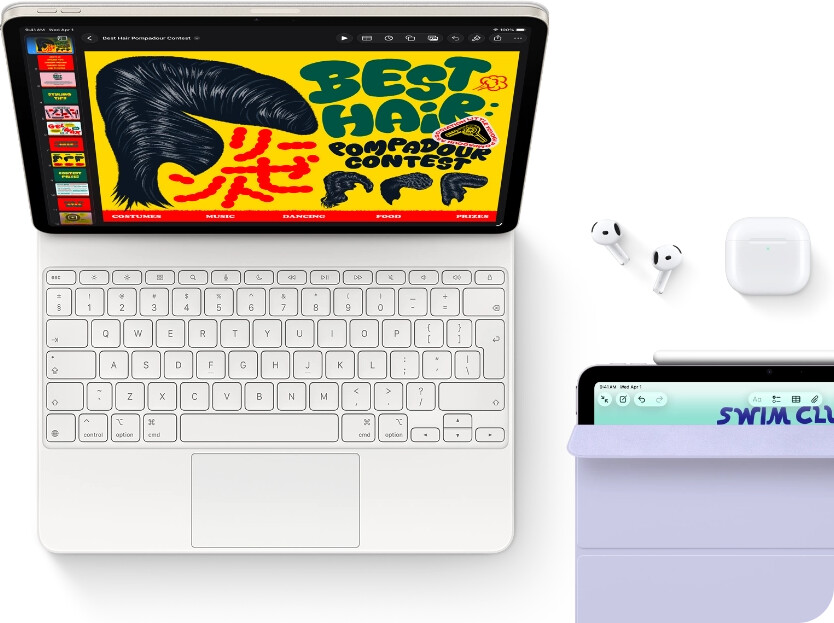 iPad Air, Starlight color, colorful graphics on screen, attached to Magic Keyboard, Airpods Pro and Apple Pencil Pro accessories