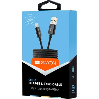 Canyon CFI-3 Lightning USB Cable for Apple, braided, metallic shell, cable length 1m, Black, 14.9*6.8*1000mm, 0.02kg - Metoo (1)