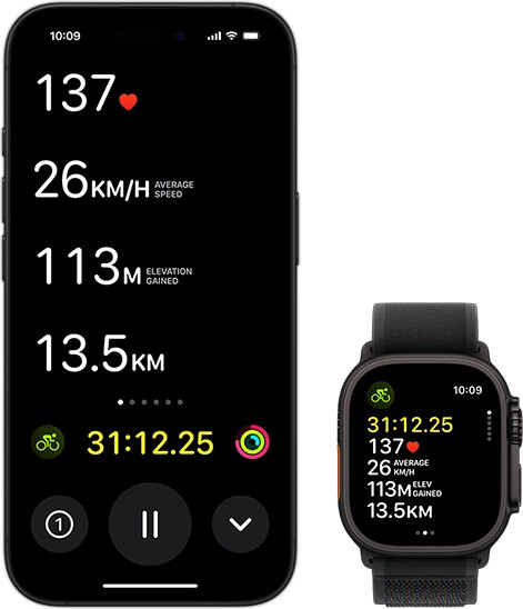 Live Activity showing a person’s biking metrics on both their Ultra 2 and their iPhone