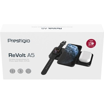 Prestigio ReVolt A5, 3-in-1 wireless charging station for iPhone, Apple Watch, AirPods, wilreless output for phone 7.5W/<wbr>10W, wireless output for AirPods 5W, wireless output for Apple Watch 2.5W, material: aluminum+tempered glass, black+space grey color. - Metoo (10)