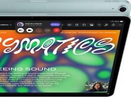 iPad Air, Blue color, top exterior, screen showing Keynote app on screen sharing feature during FaceTime video call, back exterior, 12MP Wide back camera, volume-up button, volume-down button