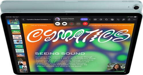 iPad Air, Blue color, top exterior, screen showing Keynote app on screen sharing feature during FaceTime video call, back exterior, 12MP Wide back camera, volume-up button, volume-down button
