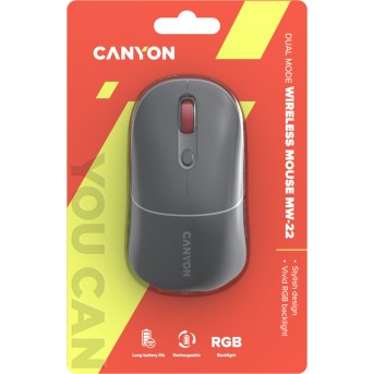CANYON MW-22, 2 in 1 Wireless optical mouse with 4 buttons,Silent switch for right/<wbr>left keys,DPI 800/<wbr>1200/<wbr>1600, 2 mode(BT/ 2.4GHz), 650mAh Li-poly battery,RGB backlight,Dark grey, cable length 0.8m, 110*62*34.2mm, 0.085kg - Metoo (6)