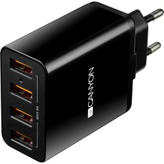 CANYON Universal 4xUSB AC charger (in wall) with over-voltage protection, Input 100V-240V, Output 5V-5A, with Smart IC, black glossy color+orange plastic part of USB, 96.8*52.48*28.5mm, 0.09kg
