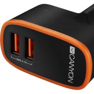 CANYON Universal 2xUSB AC charger (in wall) with over-voltage protection, Input 100V-240V, Output 5V-2.1A , with Smart IC, black rubber coating with orange stripe, 64*56*34.6mm, 0.041kg