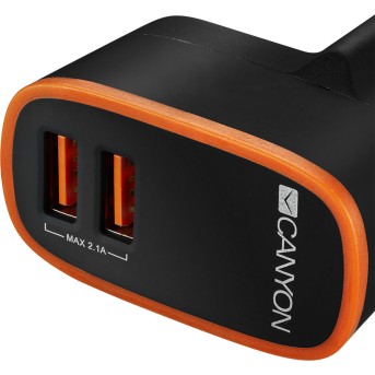 CANYON Universal 2xUSB AC charger (in wall) with over-voltage protection, Input 100V-240V, Output 5V-2.1A , with Smart IC, black rubber coating with orange stripe, 64*56*34.6mm, 0.041kg - Metoo (1)