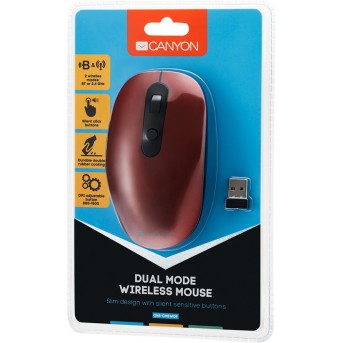 Canyon 2 in 1 Wireless optical mouse with 6 buttons, DPI 800/<wbr>1000/<wbr>1200/<wbr>1500, 2 mode(BT/ 2.4GHz), Battery AA*1pcs, Red, silent switch for right/<wbr>left keys, 65.4*112.25*32.3mm, 0.092kg - Metoo (5)
