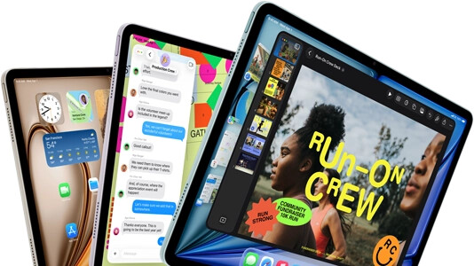 Three iPad Air displays in fan-like arrangement, colors: Blue, Purple, Starlight, front exterior, side exterior, apps on screen display include Keynote app, Messages, and Home Screen