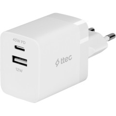 ttec SmartCharger 45W PD Duo Travel Charger USB-C+USB-A, White