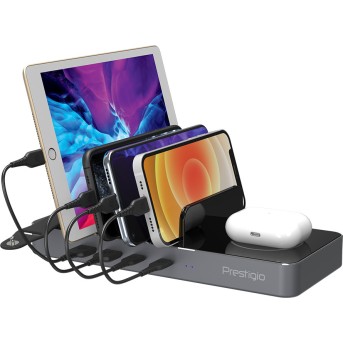 Prestigio ReVolt A6, 6-in-1 charger; 2 wireless interfaces: for all gadgets that support Qi wireless charging standard 5W/<wbr>7.5W/<wbr>10W and for Apple Watch 2.5W, 2*Type-C 18W(PD); 2*USB: 18W(QC3.0), black+space grey color. - Metoo (10)