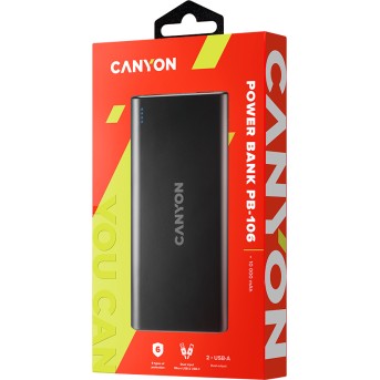 CANYON PB-106 Power bank 10000mAh Li-poly battery, Input 5V/<wbr>2A, Output 5V/<wbr>2.1A(Max), USB cable length 0.3m, 140*68*16mm, 0.24Kg, Black - Metoo (3)