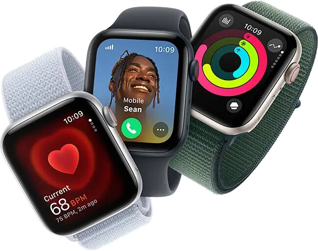 Heart rate monitoring, incoming call and Activity rings on three Apple Watch devices