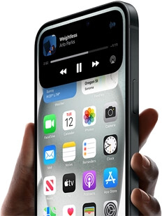 iPhone 15 held in hand, Dynamic Island showing ride share tracking information.