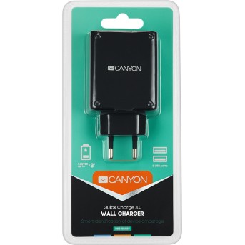 CANYON Universal 2xUSB AC charger (in wall) with over-voltage protection(1 USB with Quick Charger QC3.0), Input 100V-240V, Output USB/<wbr>5V-2.4A+QC3.0/<wbr>5V-2.4A&9V-2A&12V-1.5A, with Smart IC, Black rubber coating+QC3.0 port in blue/<wbr>other port in orange - Metoo (2)