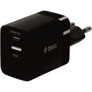 ttec SmartCharger 45W PD Duo Travel Charger USB-C+USB-A, Black