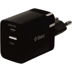 ttec SmartCharger 45W PD Duo Travel Charger USB-C+USB-A, Black