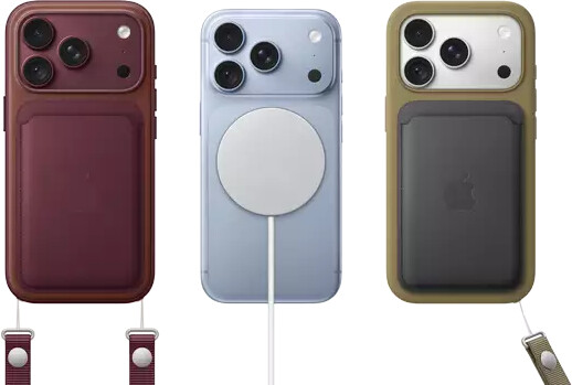 From left to right, iPhone 18 Pro in Burgundy leather case with Burgundy Crossbody strap, middle iPhone 18 Pro in Glacier with White MagSafe charger attached, right iPhone 18 Pro in Silver in green leather wallet case with wrist strap