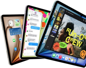 Three iPad Air displays in fan-like arrangement, colors: Blue, Purple, Starlight, front exterior, side exterior, apps on screen display include Keynote app, Messages, and Home Screen