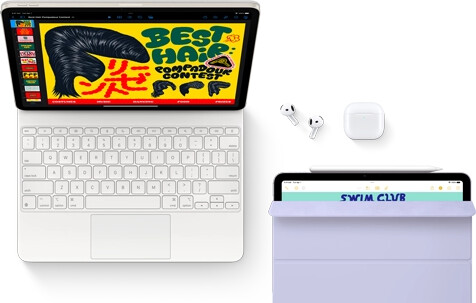 iPad Air attached to Magic Keyboard, with AirPods Pro, Apple Pencil Pro, and Smart Folio accessories