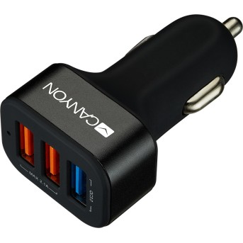 CANYON Universal 3xUSB car adapter(1 USB with Quick Charger QC3.0), Input 12-24V, Output USB/<wbr>5V-2.1A+QC3.0/<wbr>5V-2.4A&9V-2A&12V-1.5A, with Smart IC, black rubber coating+black metal ring+QC3.0 port with blue/<wbr>other ports in orange, 66*35.2*25.1mm, 0.0 - Metoo (1)