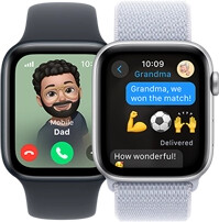 Two Apple Watch SE. The first shows an incoming call from Dad. The second shows a child texting "Grandma! We won the match!"