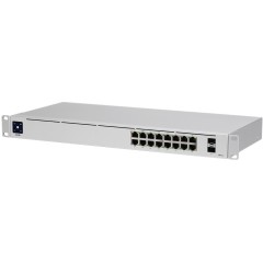 Ubiquiti USW-16-PoE 16-port Layer 2 PoE switch, 8 x GbE PoE+, 8 x GbE ports, 2 x 1G SFP ports, 42W total PoE Power, fanless, silent cooling, ESD/<wbr>EMP protection, 1.3" touchscreen LCM display, Rackmount (Kit included)