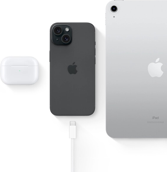 iPhone 15 with USB-C connector showing same connector can be used with AirPods Pro and iPad