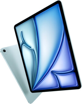 Front angled view of 13 inch iPad Air showing colorful display, back view of 11-inch iPad Air showing back exterior and camera