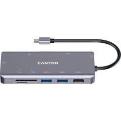 CANYON DS-11, 9 in 1 USB C hub, with 1*HDMI: 4K*30Hz,1*Gigabit Ethernet,, 1*Type-C PD charging port, Max 100W PD input. 2*USB3.0,transfer speed up to 5Gbps. 1*USB 2.0, 1*SD, 1*3.5mm audio jack, cable 18cm, Aluminum alloy housing115*46*15 mm, 88.5g, Dark g